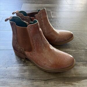 ROAN Womens Almond Leather Ankle Boots Distressed Rust Brown Teal Stitch Sz 8.5